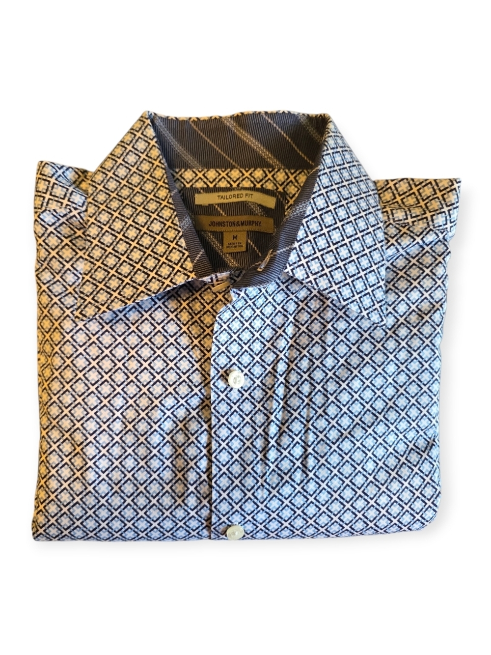 Johnston & Murphy Men's Blue Patterned Tailored Fit Dress Shirt
